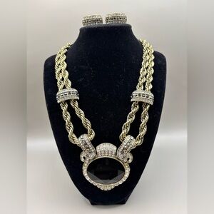 Heidi Daus Chain of Events Gold and Black Statement Necklace & Earrings w/box